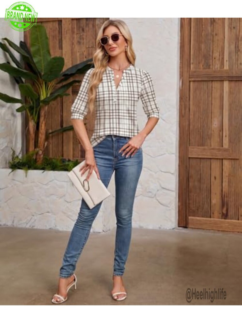 Women's V-Neck Puff Sleeve Blouse Henley Tunic Dressy Casual Knit Top - Picture 5 of 5